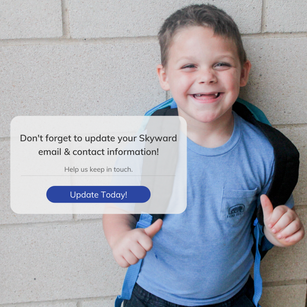 Student smiling against wall with thumbs up and backpack on  |  Don't forget to update your Skyward email & contact information! Help us keep in touch. Update today!