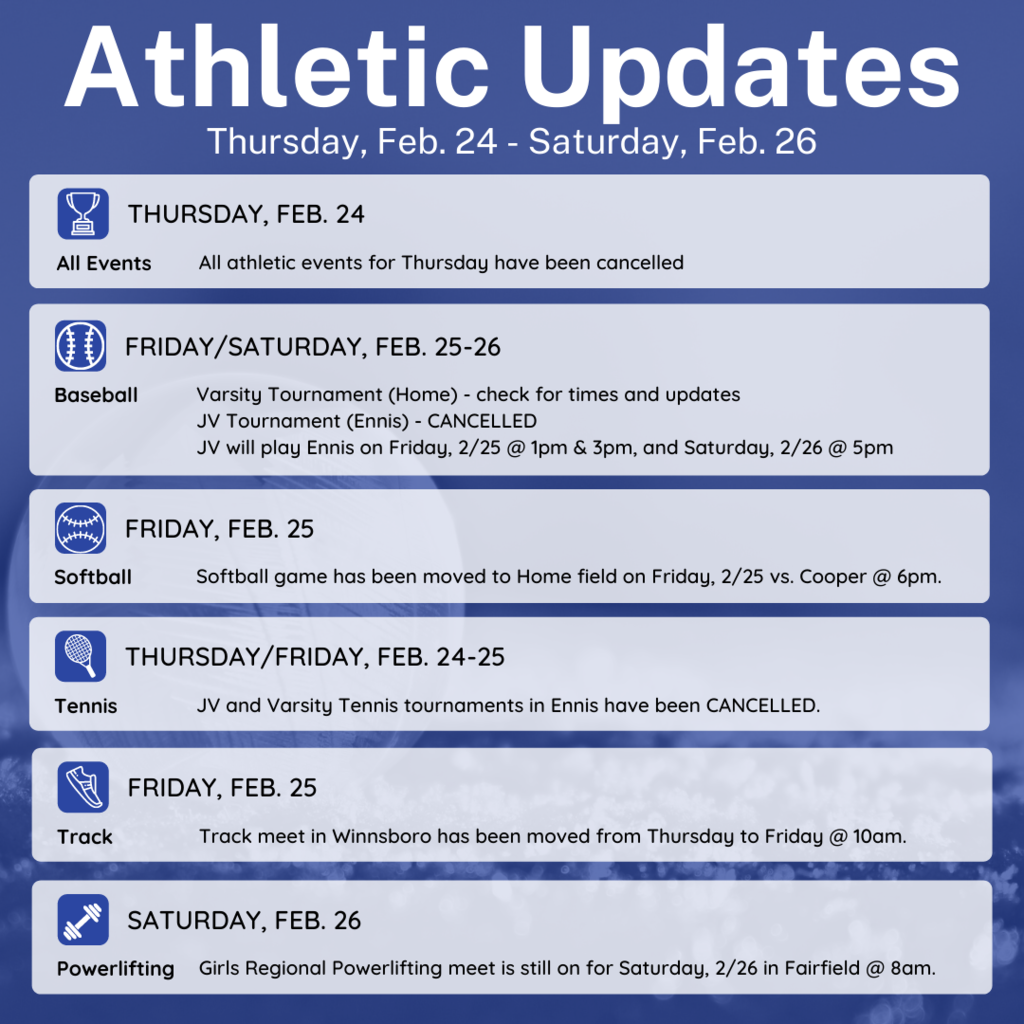 ATHLETIC UPDATES: Please refer to the graphic for all athletic updates on Thursday, Feb. 24 - Saturday, Feb. 26.