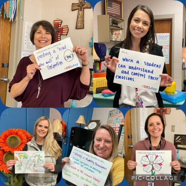 5 teachers holding signs for SEL day in a pic-collage