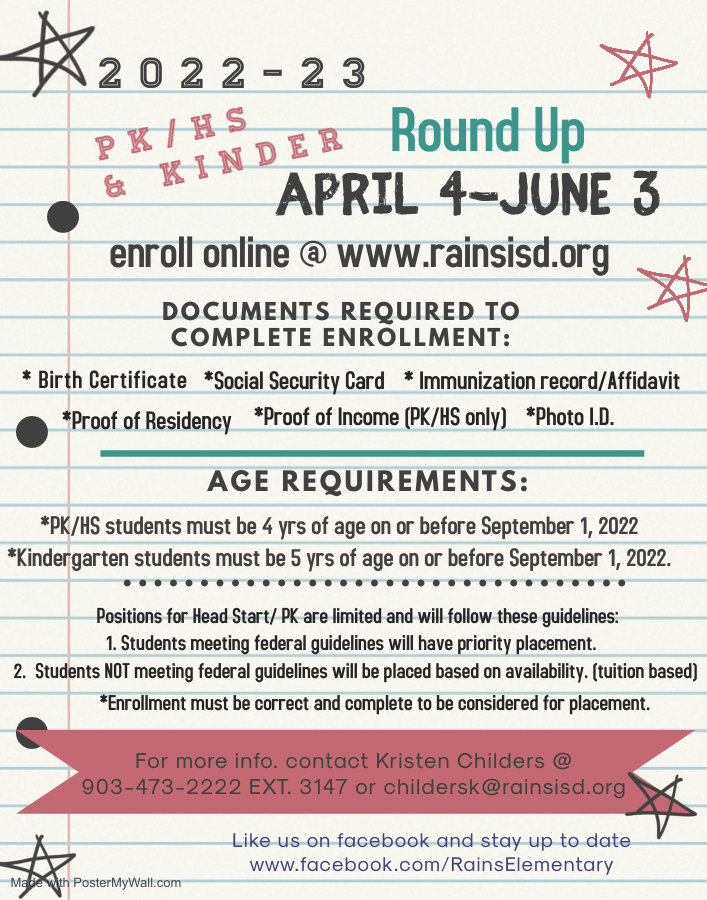 PK/HS/Kinder Roundup enrollment information